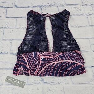 Anne Cole Locker Bikini Top Womens Medium Navy Pink Tropical Mesh High Neck